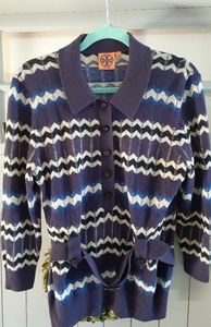 Tory Burch- Chevron 3/4 Sleeve Belted Sweater, L